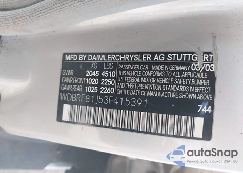 2003 Mercedes-Benz C 240 из США, поврежденный, VIN WDBRF81J53F415391